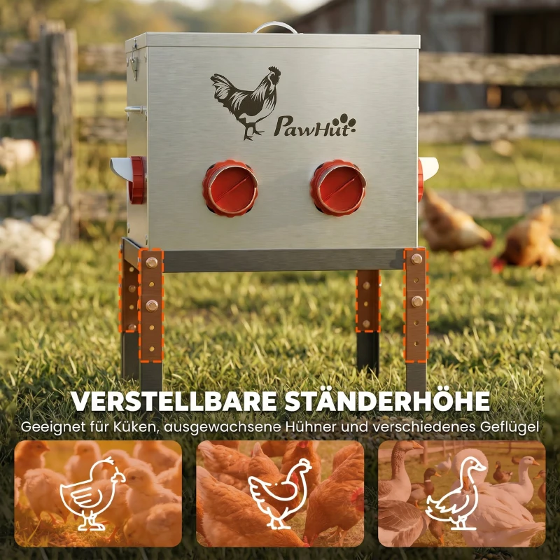 PawHut Futterautomat Hühner 18 kg Füllmenge mit abschließbarer Deckel verstellbarer Beine 6 Öffnungen 42x25x55,5 cm Silber