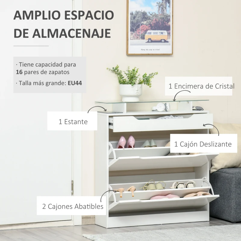 HOMCOM Zapatero Estrecho de 2 Puertas Mueble Zapatero para 16 Pares de Zapatos con Cajón Estante Abierto y Encimera de Vidrio para Pasillo Entrada 89x23x96 cm Blanco