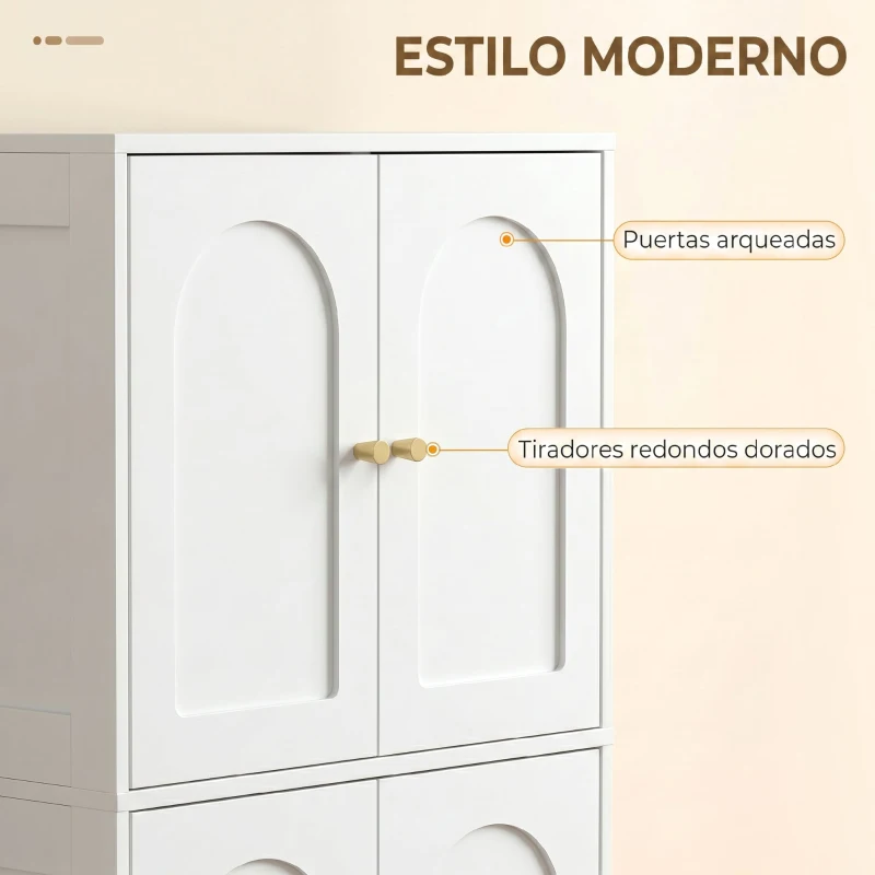 Homcom Alacena de Cocina, Armario Alto con 2 Estantes Ajustables, Aparador con 4 Puertas Abovedadas 60X30X110 cm, Blanco