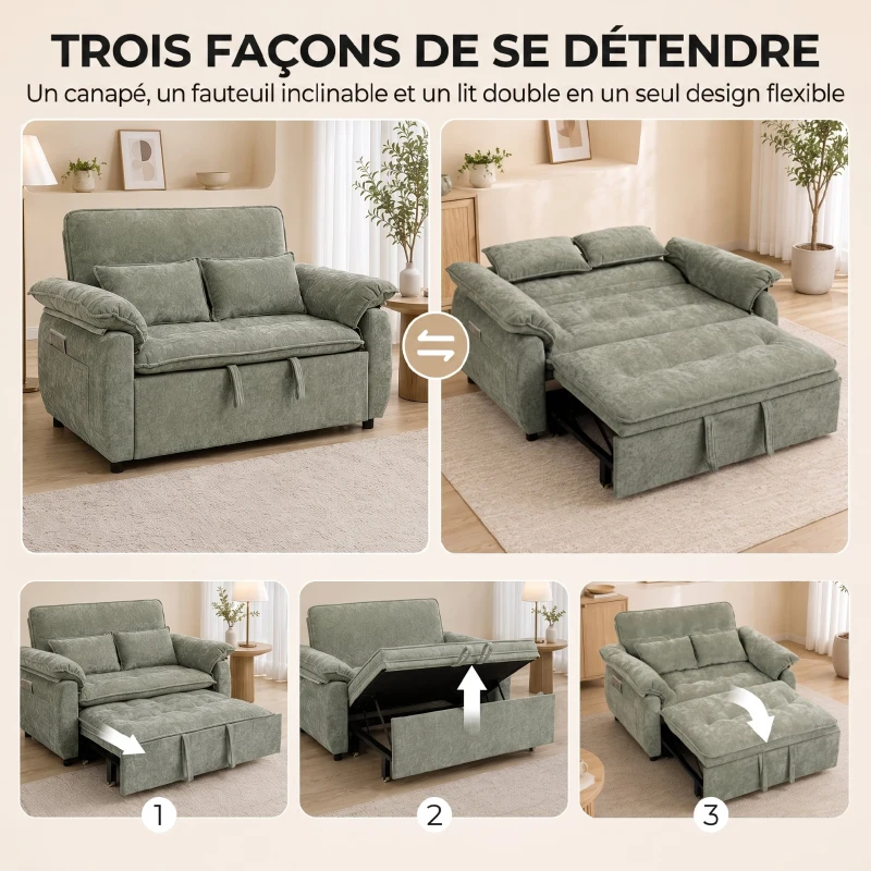 HOMCOM Canapé Convertible 2 Places, Canapé-Lit 3 en 1 Velours 137 cm, Dossier Réglable, Assise Large, 2 Oreillers, Vert