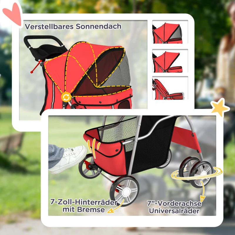 PawHut Hundewagen Faltbar Hundebuggy mit Reflektorstreif Aufbewahrungskorb Kissen für kleine Hunde bis 10 kg 77x44x102cm Rot