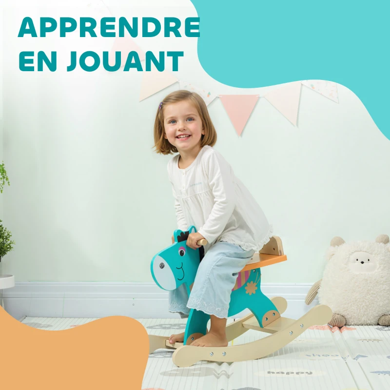 AIYAPLAY Cheval à bascule pour enfants, âne jouet à bascule bébé en bois avec guidon et base stable, 59 x 27 x 43 cm, vert foncé