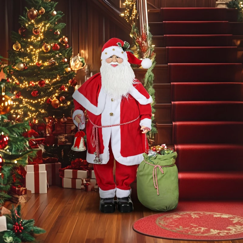 HOMCOM Figurine de Père Noël, Debout de Père Noël Rouge Traditionnelle 140 cm avec Sac de Cadeaux, Effets Sonores et Cloche