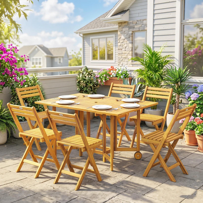 Outsunny 7 Pieces Garden Dining Set, Extending Dining Table and 6 Folding Chairs with Umbrella Hole for Patio, Natural Wood