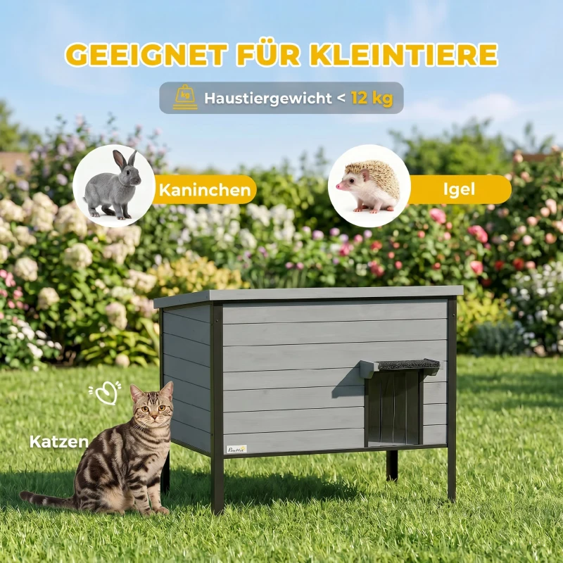 PawHut Wetterfest Katzenhaus mit aufklappbarem Dach herausnehmbarem Boden Eingang für 1-2 Katzen bis 12 kg 85x55x70 cm Hellgrau