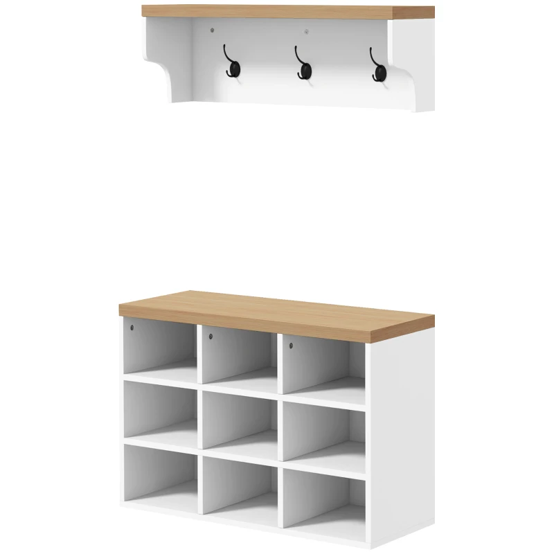 HOMCOM Ensemble meuble d'entrée 2-en-1 porte-manteau mural banc à chaussures 3 crochets et 9 niches 75x30x50cm blanc et chêne