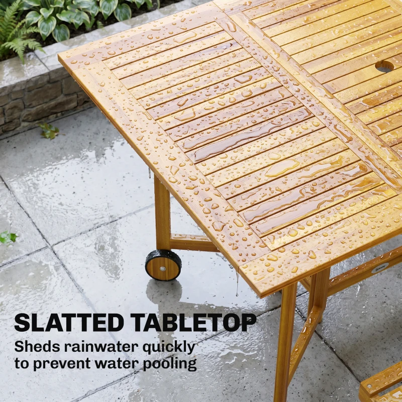 Outsunny 7 Pieces Garden Dining Set, Extending Dining Table and 6 Folding Chairs with Umbrella Hole for Patio, Natural Wood
