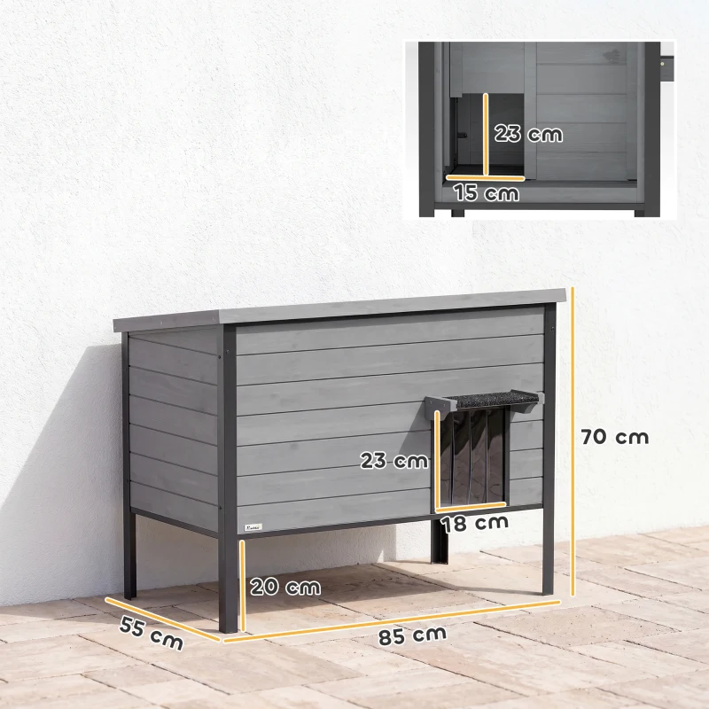 PawHut Wetterfest Katzenhaus mit aufklappbarem Dach herausnehmbarem Boden Eingang für 1-2 Katzen bis 12 kg 85x55x70 cm Hellgrau