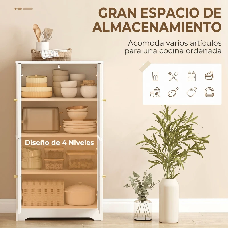 Homcom Alacena de Cocina, Armario Alto con 2 Estantes Ajustables, Aparador con 4 Puertas Abovedadas 60X30X110 cm, Blanco
