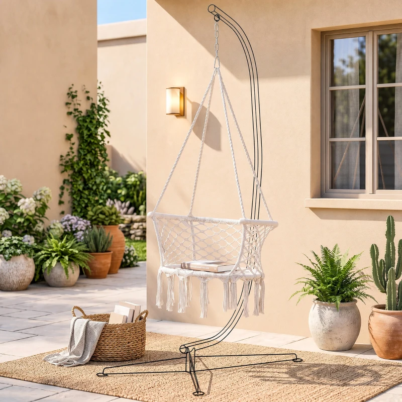 Outsunny Amaca da Giardino in Stile Boho Chic, Sedia Sospesa in Poliestere e Macramè per Interni ed Esterni, Crema, 80x60x36cm