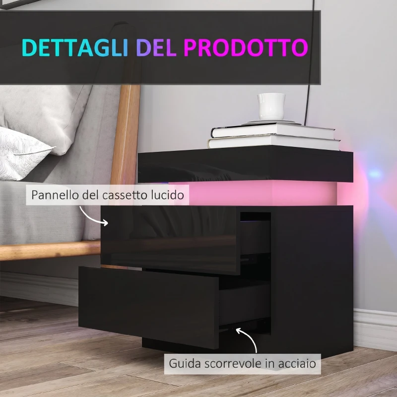 HOMCOM Set 2 Comodini LED a 16 Colori e 4 Modalità con 2 Cassetti, in Legno, 45x35x52 cm, Nero