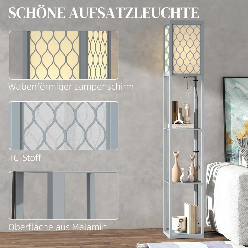 HOMCOM Stehlampe mit Regal, 3 Fächer, kompakte Maße, MDF, Hellgrau