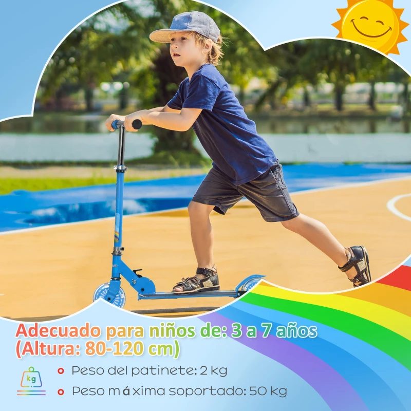 HOMCOM Patinete Infantil Plegable con Luces Música Altura Ajustable Ruedas Brillantes Pedal LED Carga 50kg 67x32x65-78 cm Azul