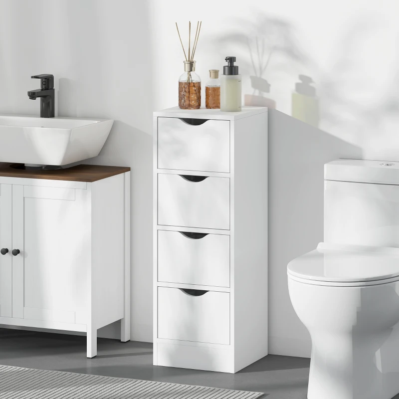 HOMCOM 4-Drawer Bathroom Cabinet, Freestanding Narrow Storage Cabinet with Groove Handles for Small Spaces, White