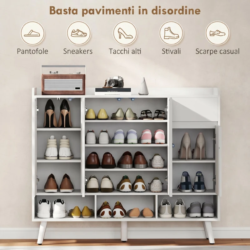 HOMCOM Scarpiera Ingresso in Legno con 4 Ante Design Push-to-Open, Ripiani Regolabili, Cassetto, 3 Vani Aperti, Bianco