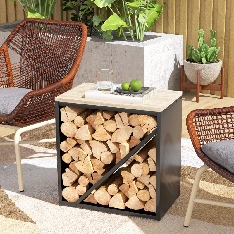 Outsunny Portalegna da Interno 2 in 1, Supporto per Legna Rialzato con Divisorio, Porta Legna per Interni per Caminetti, 58x36x60 cm, Nero