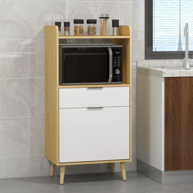 HOMCOM Mueble Microondas Estilo Escandinavo con Armario Cajón y Estante Ajustable 58x40x118 cm Natural y Blanco