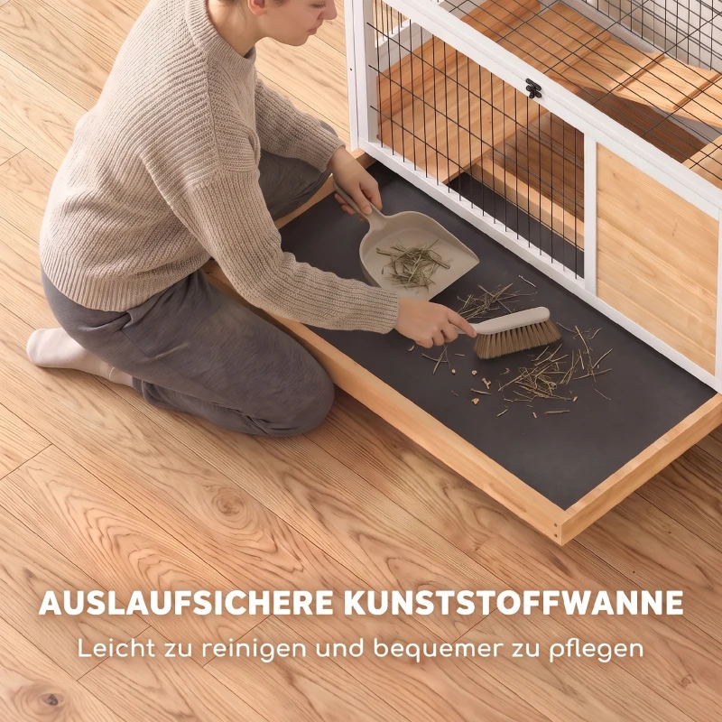PawHut Houten konijnenhok met 2 verdiepingen, opklapbaar dak, wielen, 2 ingangen, loopplank, uittrekbaar blad 90x53x59cm