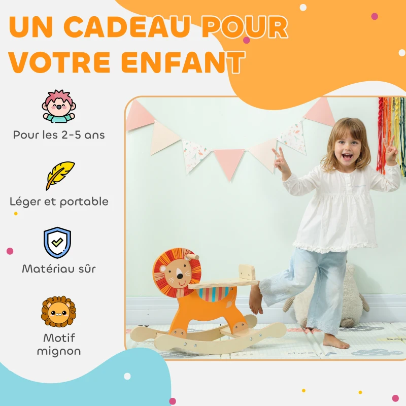 AIYAPLAY Cheval à bascule pour enfants, lion jouet à bascule bébé en bois avec guidon et base stable, 59 x 27 x 43 cm, orange