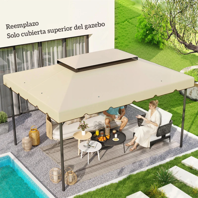 Outsunny Toldo de Recambio para Cenador 4x3 m con Techo Doble Orificios de Drenaje Solo Toldo NO Incluye Marco Beige