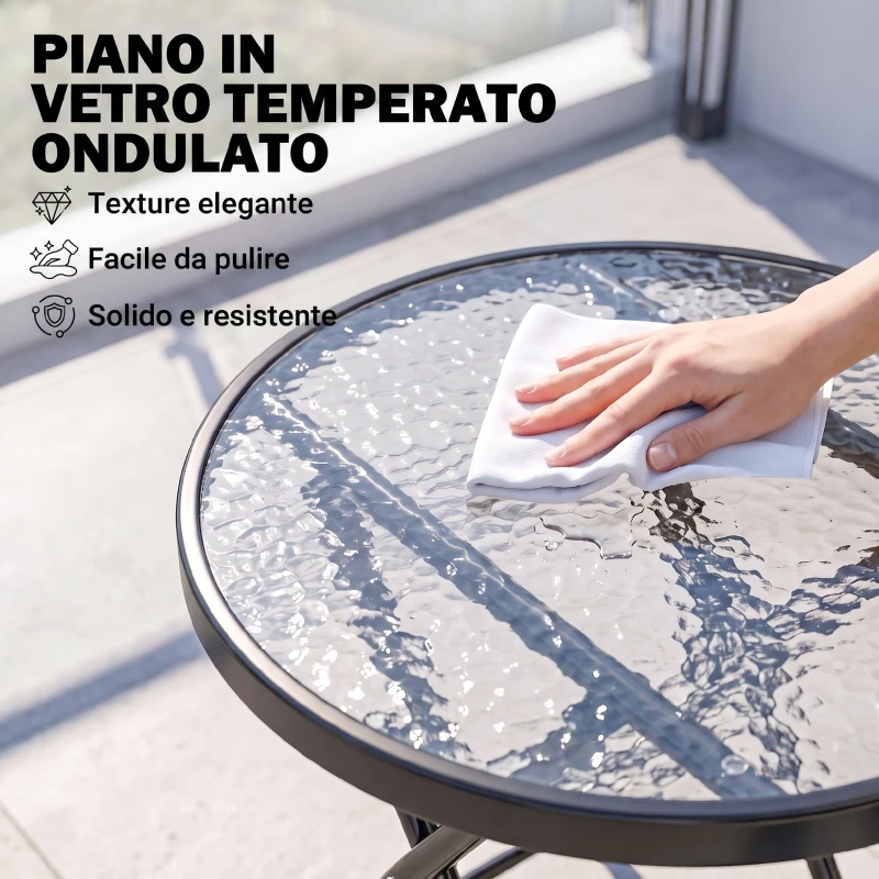 Outsunny Tavolo da Giardino Pieghevole in Metallo e Ripiano in Vetro Φ45x50cm