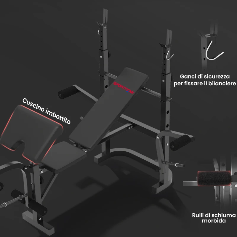 SPORTNOW Panca Palestra Multifunzione Regolabile con Rack Bilanciere con Leg Extension, Low Row, Arm Curl, Nero