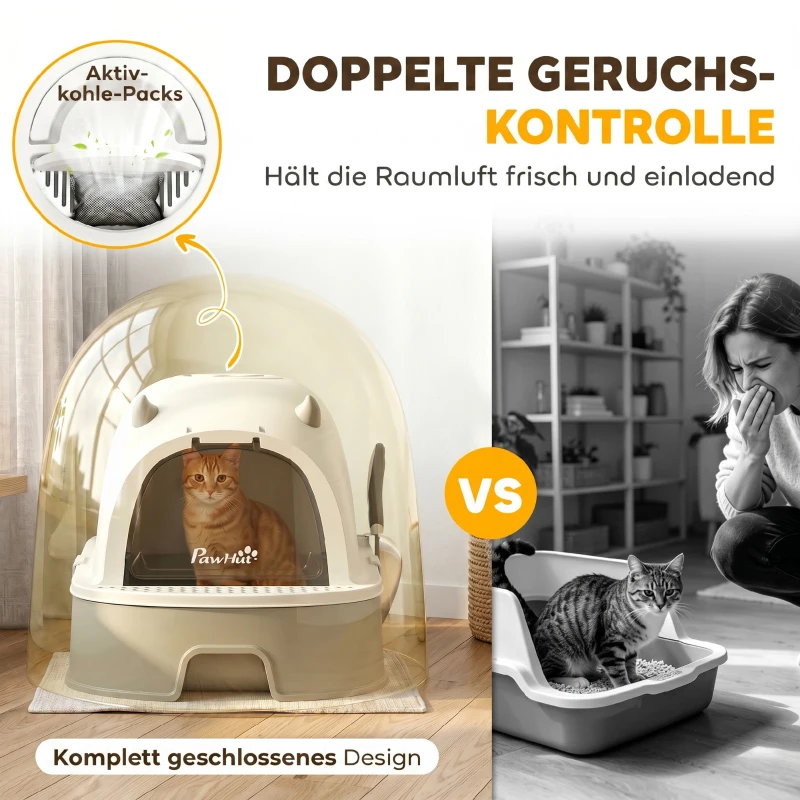 PawHut Katzentoilette Edelstahl mit abnehmbarem Deckel, Schaufel & Aktivkohlefilter für kleine bis mittelgroße Katzen, Grau