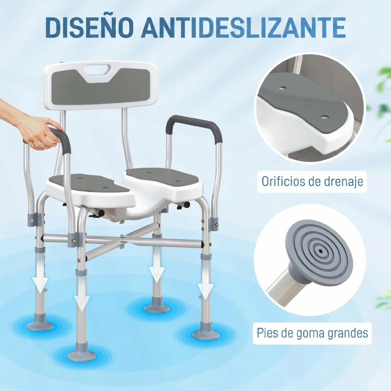 HOMCOM Silla de Ducha con Asiento Ranurado Altura Regulable Antideslizante Respaldo y Reposabrazos Carga 136 kg Gris
