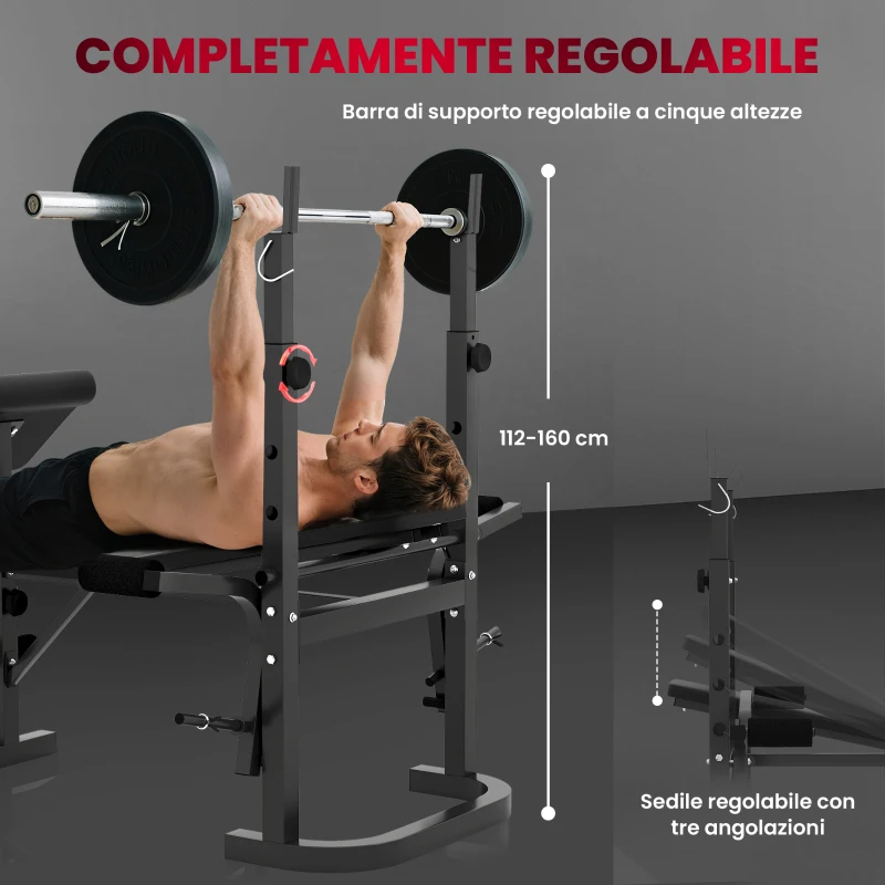 SPORTNOW Panca Palestra Multifunzione Regolabile con Rack Bilanciere con Leg Extension, Low Row, Arm Curl, Nero