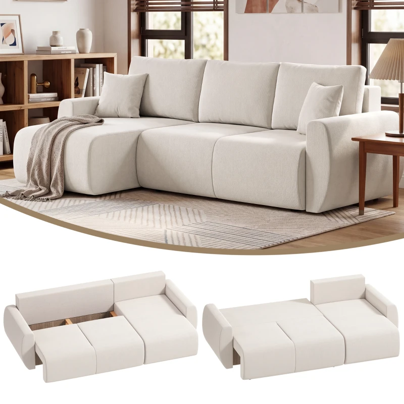 HOMCOM Schlafsofa mit Umkehrbarer Chaiselongue, L-förmiges 3-Sitzer Sofa aus Veloursbezug, Cremeweiß