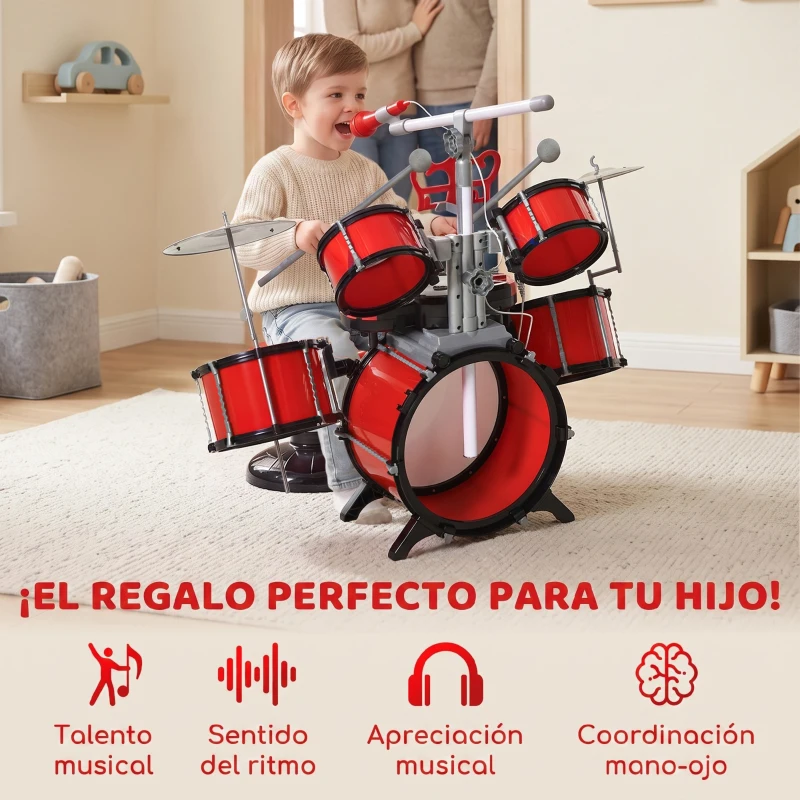 HOMCOM Batería Infantil con Taburete, Jazz Batería Infantil con 4 Tambores, Micrófono, Platos, Baquetas Teclado, Instrumento Musical para Niños +3 Años, Rojo