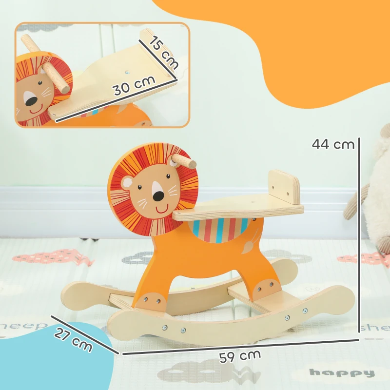 AIYAPLAY Cheval à bascule pour enfants, lion jouet à bascule bébé en bois avec guidon et base stable, 59 x 27 x 43 cm, orange