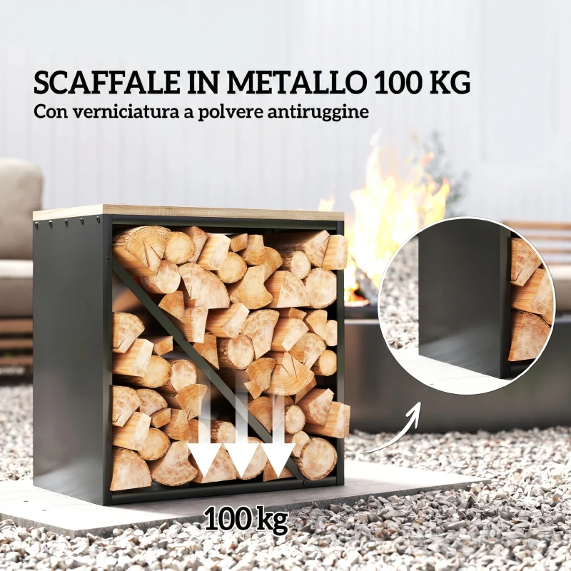 Outsunny Portalegna da Interno 2 in 1, Supporto per Legna Rialzato con Divisorio, Porta Legna per Interni per Caminetti, 58x36x60 cm, Nero