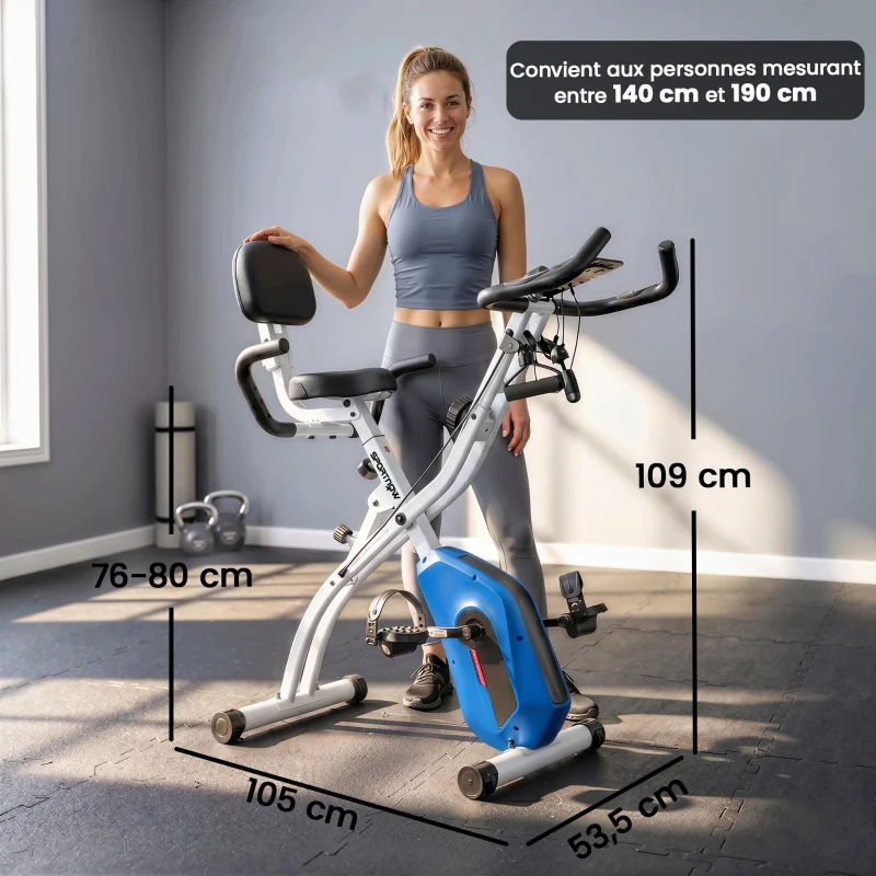 SPORTNOW Vélo d'Appartement Pliable Vélo de Fitness 3 en 1 Silencieux Connecté Kinomap Bluetooth et Zwift 105x53,5x109cm Bleu