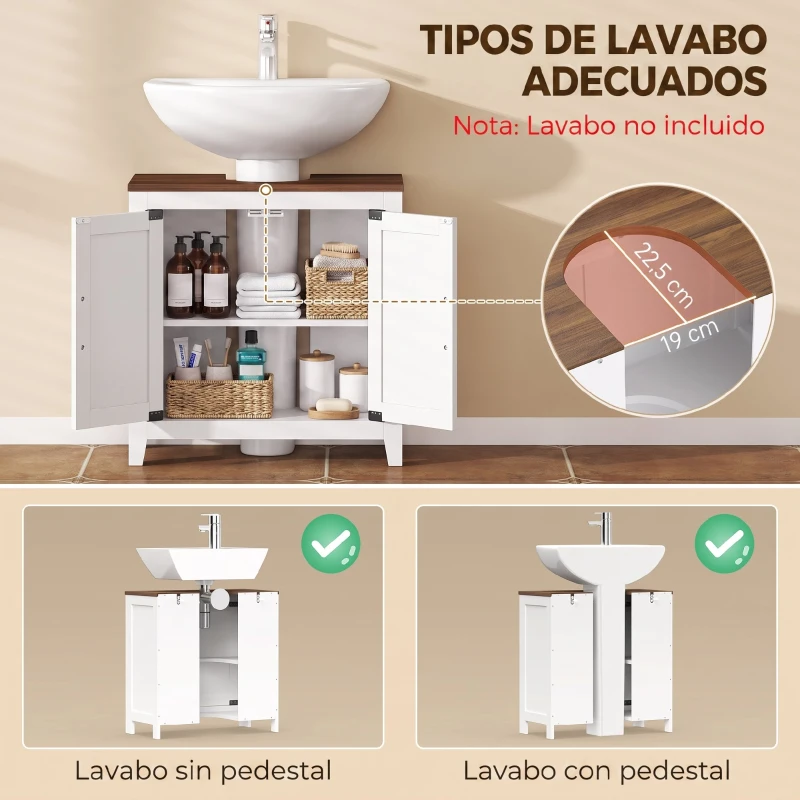 HOMCOM Mueble de Baño Bajo Lavabo Estilo Rústico con Estante Ajustable y 2 Puertas Tipo Granero Blanco
