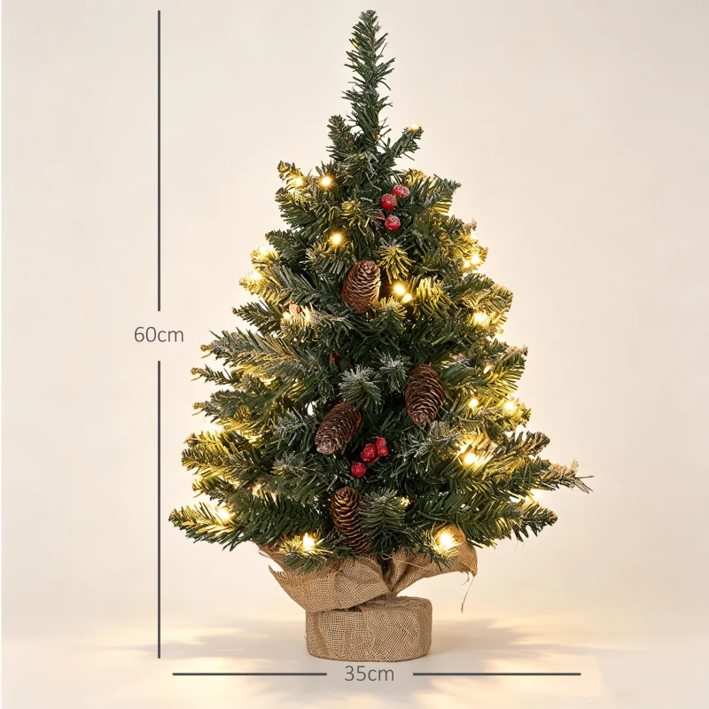 HOMCOM Weihnachtsbaum mit LED-Beleuchtung, 60 cm, Tannenzapfen und rote Beeren, inkl. Ständer, Grün/Weiß