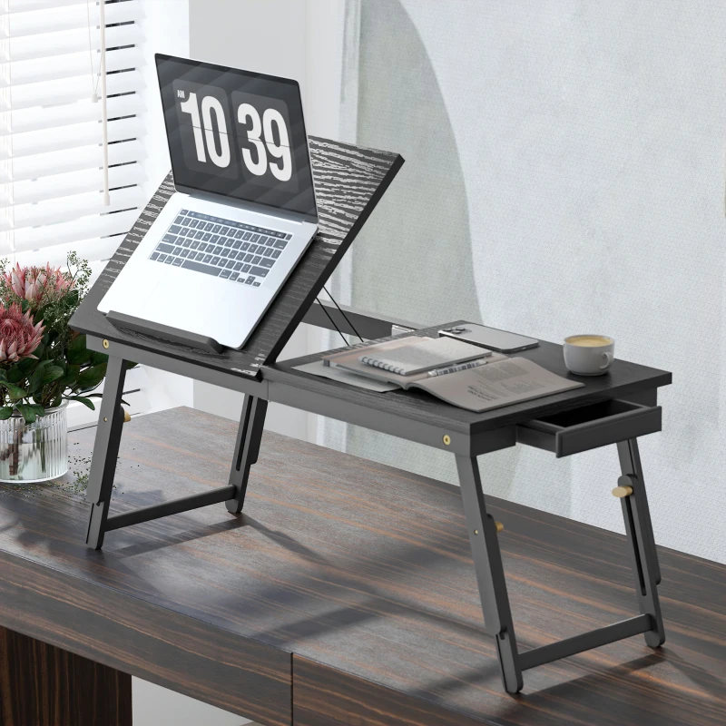 HOMCOM Mesa Reclinable para Cama y Sofá Bandeja Plegable con Cajón Lateral para Ordenador Portátil Libros Cinco Alturas Negro