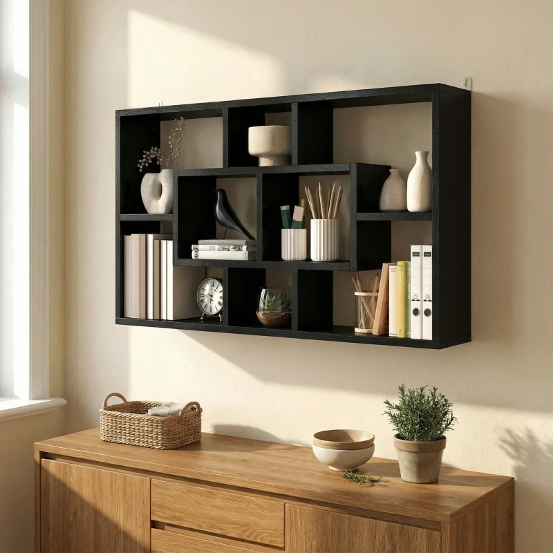 HOMCOM Étagère murale bibliothèque 8 cubes, meuble de rangement, design moderne, 85 x 14,5 x 47,5 cm, noir