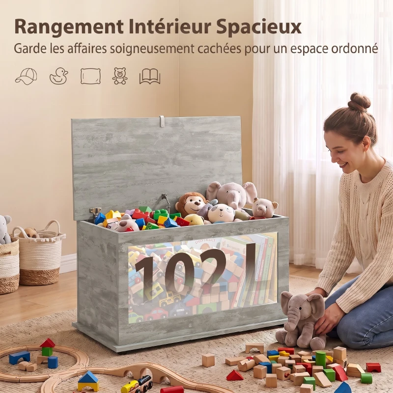 HOMCOM Coffre de Rangement, Banc de Rangement avec Couvercle Rabattable et Charnières de Sécurité, 80 x 40 x 45 cm, Gris