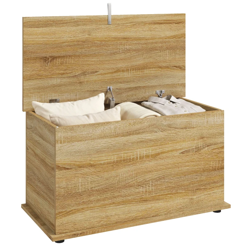 HOMCOM Coffre de Rangement, Banc de Rangement avec Couvercle Rabattable et Charnières de Sécurité, 80 x 40 x 45 cm, Naturel