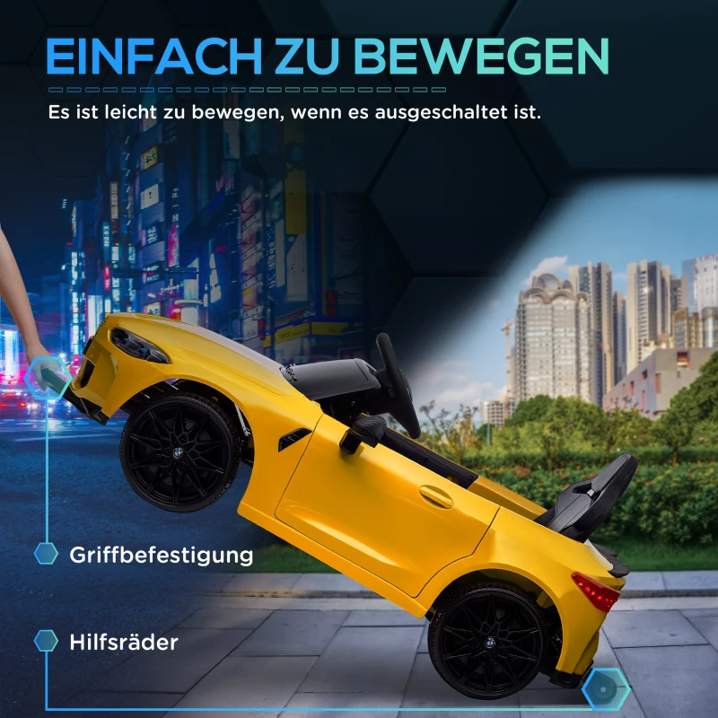 AIYAPLAY 12V kinderauto met afstandsbediening, 2 motoren, claxon, LED, muziek, zachte start, hulpwiel, 3-5 jaar, Geel