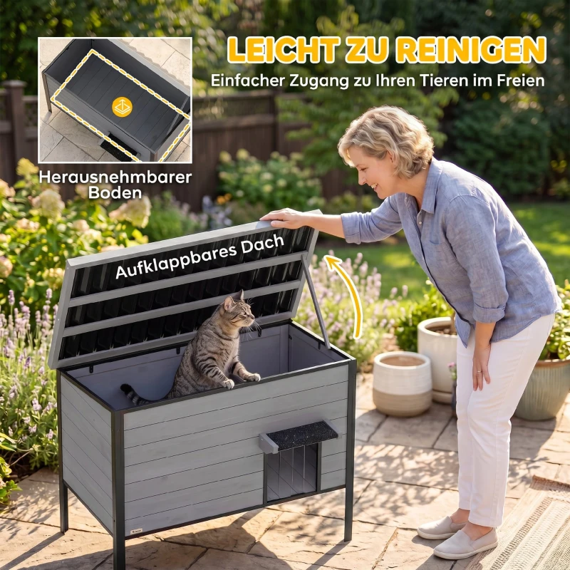 PawHut Wetterfest Katzenhaus mit aufklappbarem Dach herausnehmbarem Boden Eingang für 1-2 Katzen bis 12 kg 85x55x70 cm Hellgrau