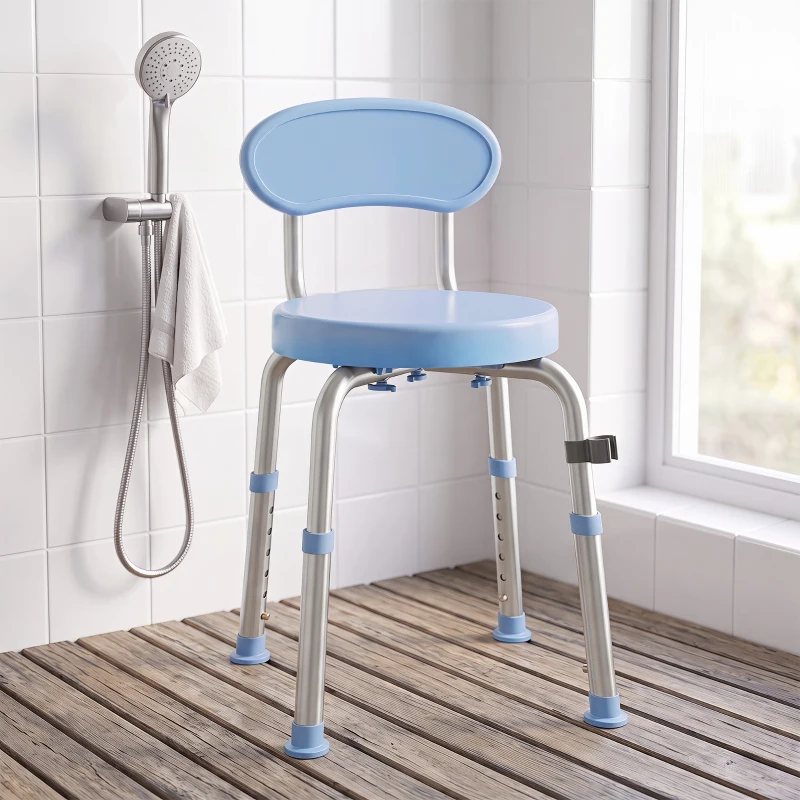 HOMCOM Tabouret de Douche Ronde Pivotant 360°, Hauteur Réglable, Dossier, Pieds Antidérapants, 38,5x37,5x75cm, Bleu Clair