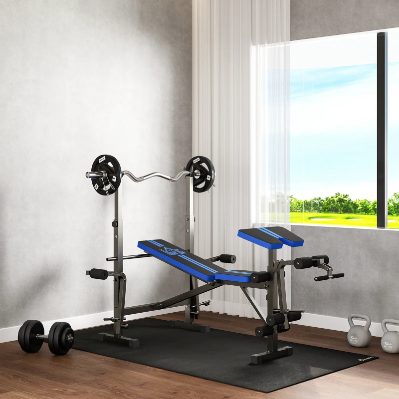HOMCOM Panca Multiuso con Supporto Bilanciere e Schienale Regolabile, in Acciaio e Plastica, 175x139x127 cm, Nero e Blu