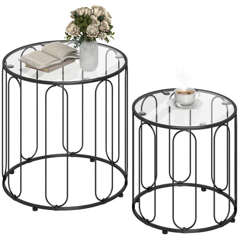 HOMCOM Ensemble de 2 tables gigognes avec structure métallique et plateau en verre Ø50x50 cm et Ø40x40 cm, noir