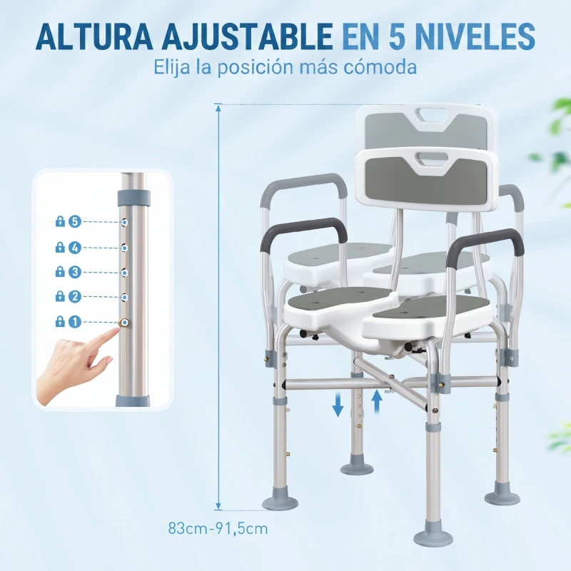 HOMCOM Silla de Ducha con Asiento Ranurado Altura Regulable Antideslizante Respaldo y Reposabrazos Carga 136 kg Gris