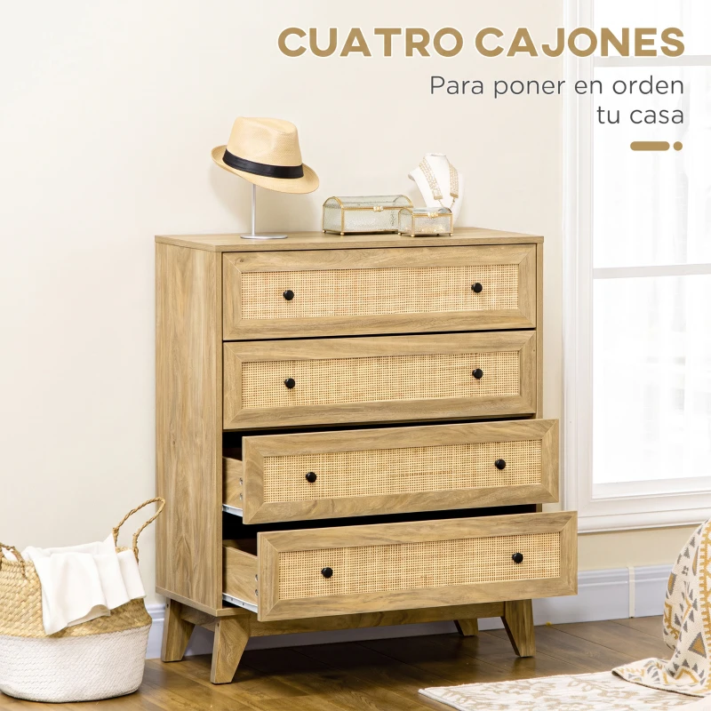 HOMCOM Cómoda con 4 Cajones Cajonera de Madera con Frontales de Ratán Estilo Cannage para Dormitorio 80x35x95 cm Natural