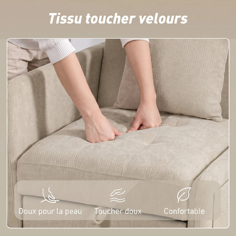 HOMCOM Fauteuil Convertible 1 Place, Fauteuil-Lit Clic-Clac 4 en 1 Rembourré en Chenille, Dossier Réglable, Assise Large, Beige