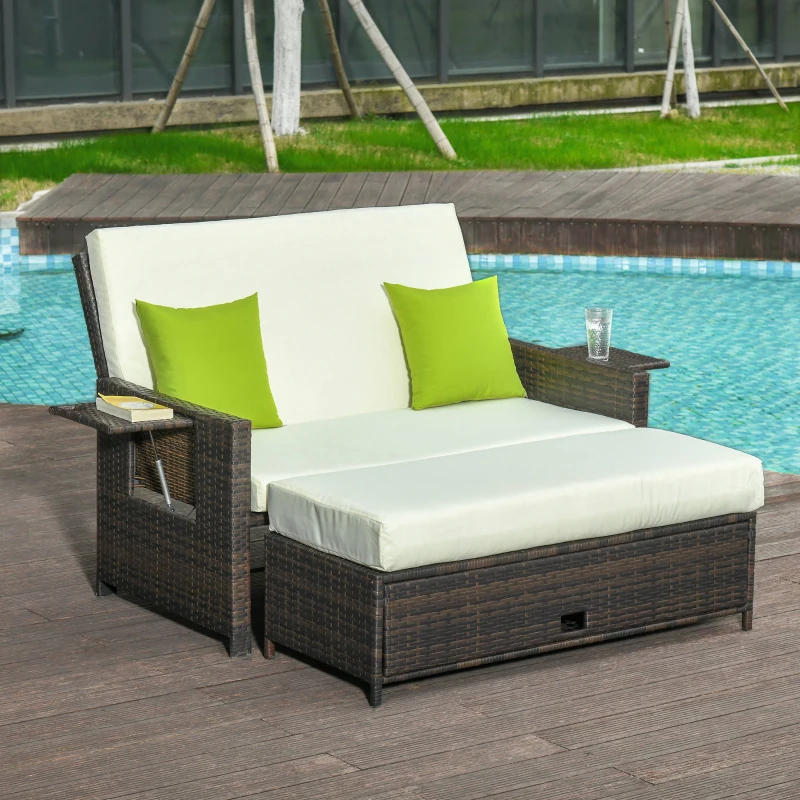 Outsunny Sofá de Ratán 2 Plazas con Mesitas y Reposapiés de Almacenaje Respaldo Inclinable 130x76x96 cm Marrón y Beige