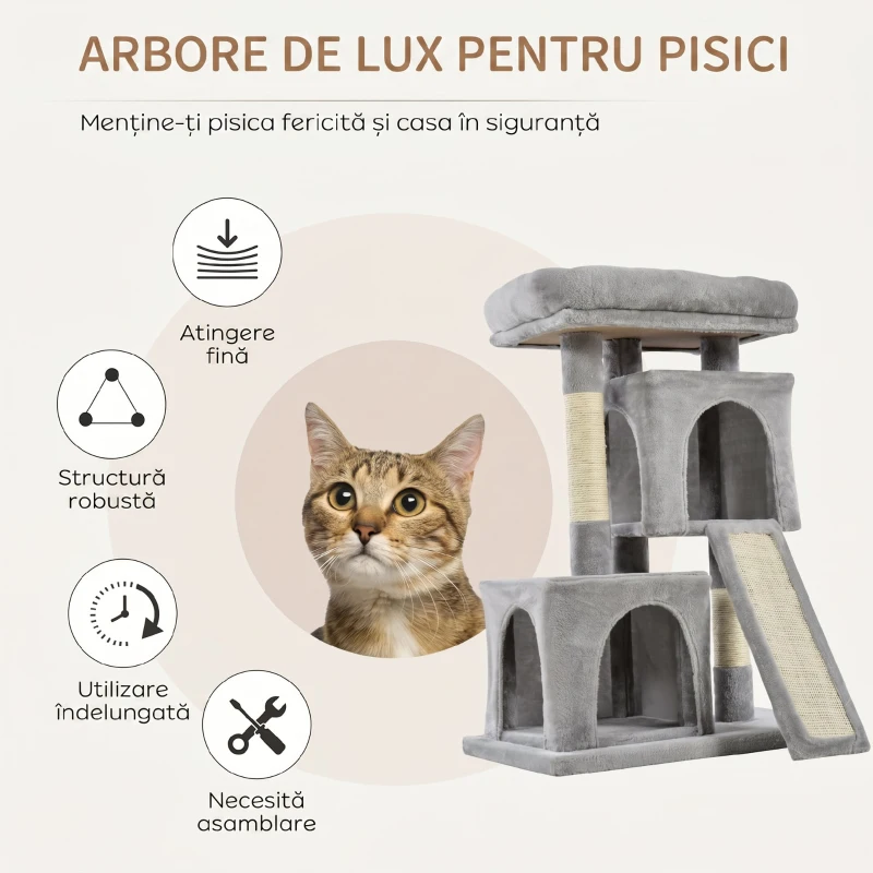 PawHut Ansamblu pentru pisici cu stalpi din sisal, pat si 2 case cu tapiterie de plus, 59x39x83cm, gri